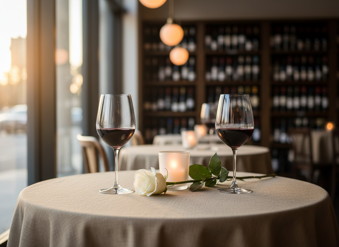 A meticulously set, round bistro table dressed in a soft linen tablecloth in muted champagne, arranged in the corner of a stylish urban wine bar. Two elegant crystal wine glasses, half-filled with deep ruby red wine, stand opposite each other, separated by a small, flickering wax candle in a frosted glass holder and a single, long-stemmed white rose laid casually across the center. Background shelves display blurred rows of curated bottles and ambient lighting fixtures. Warm golden hour light from tall windows mingles with subtle pendant lighting, casting layered reflections on the glassware. Photographic realism, eye-level composition with shallow depth of field creates an intimate, sophisticated, expectation-filled mood, perfect for an upscale singles event atmosphere without showing any people.